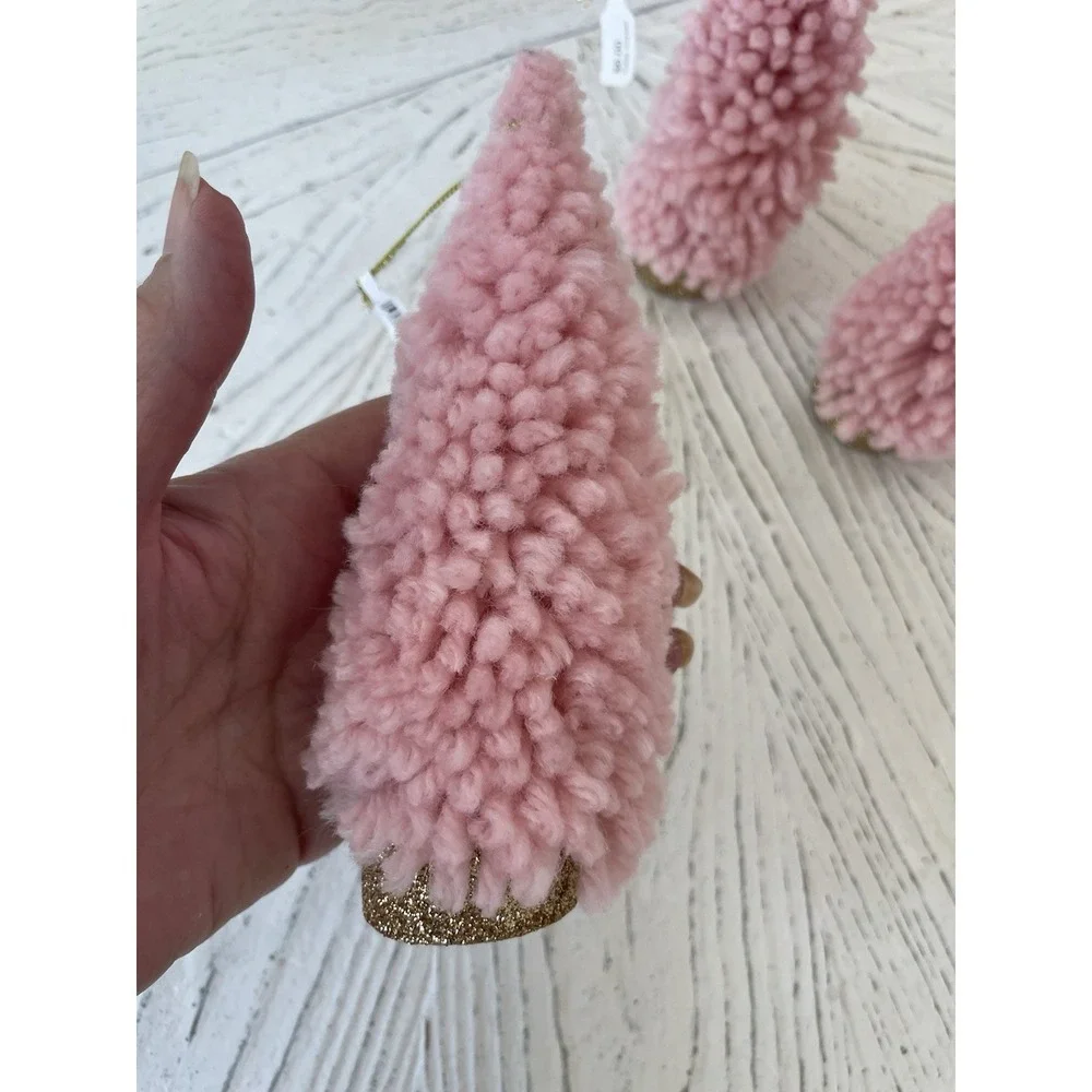 NWT  Set of 3 Pink Yarn Trees Gold Glitter Base Christmas Ornaments